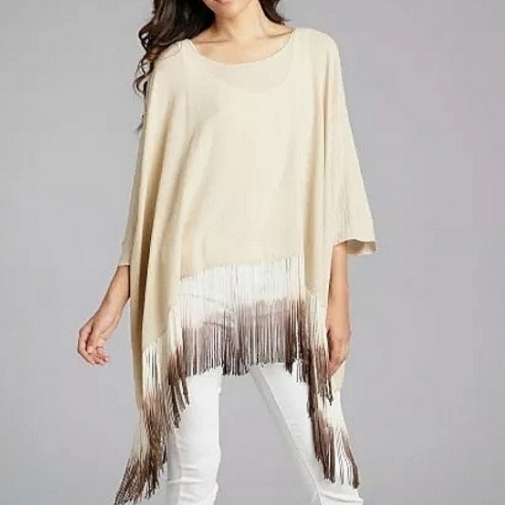 Alexis Beige Fringe Trim Oversized Boho Chic Poncho Top Cotton Size XS/S